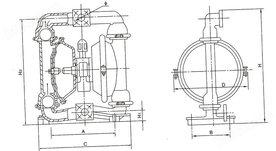 外置配气阀气动隔膜泵尺寸图